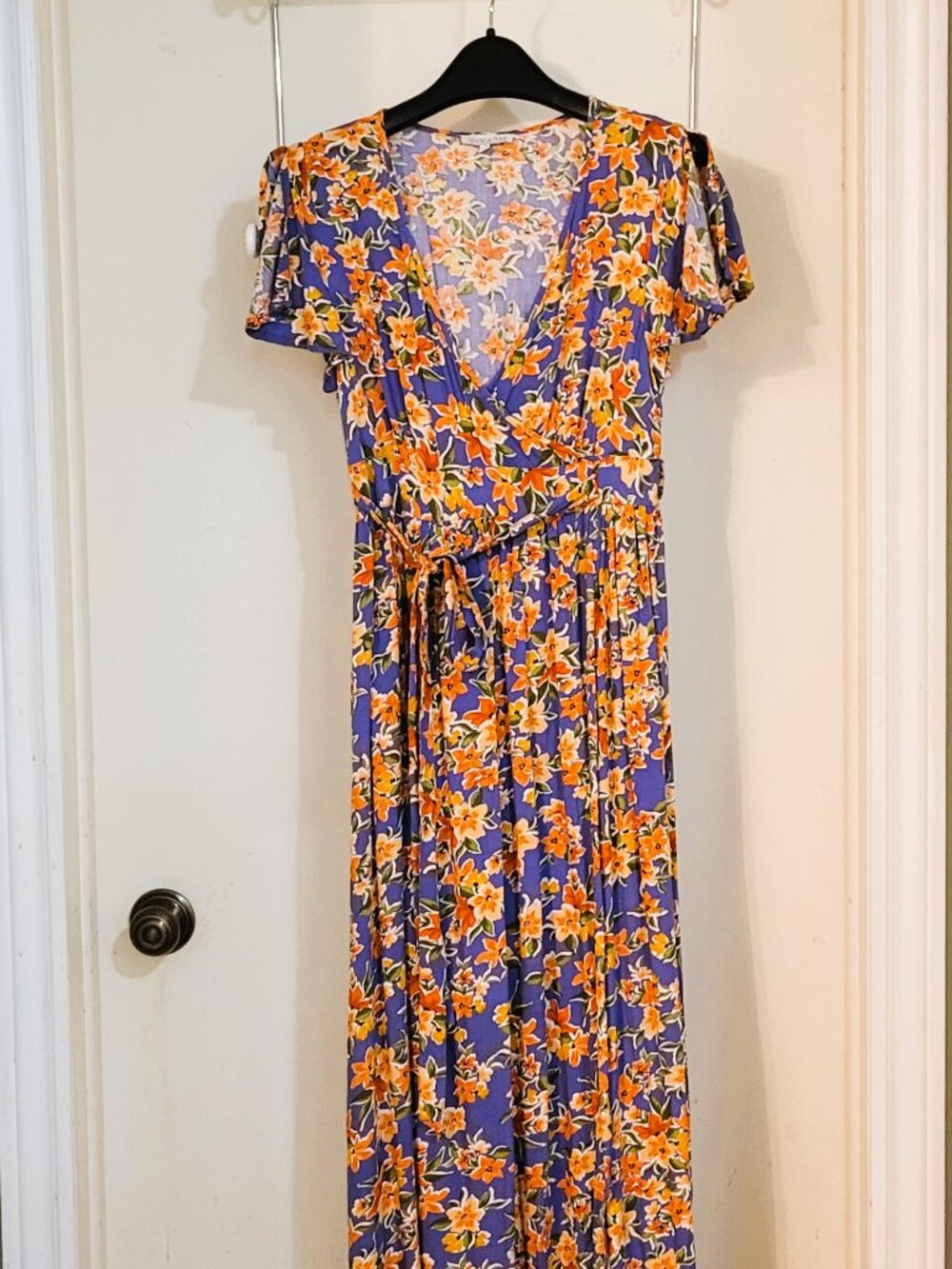 Patrons of Peace Maxi Sundress. Blue, Orange & white Floral. Size Small